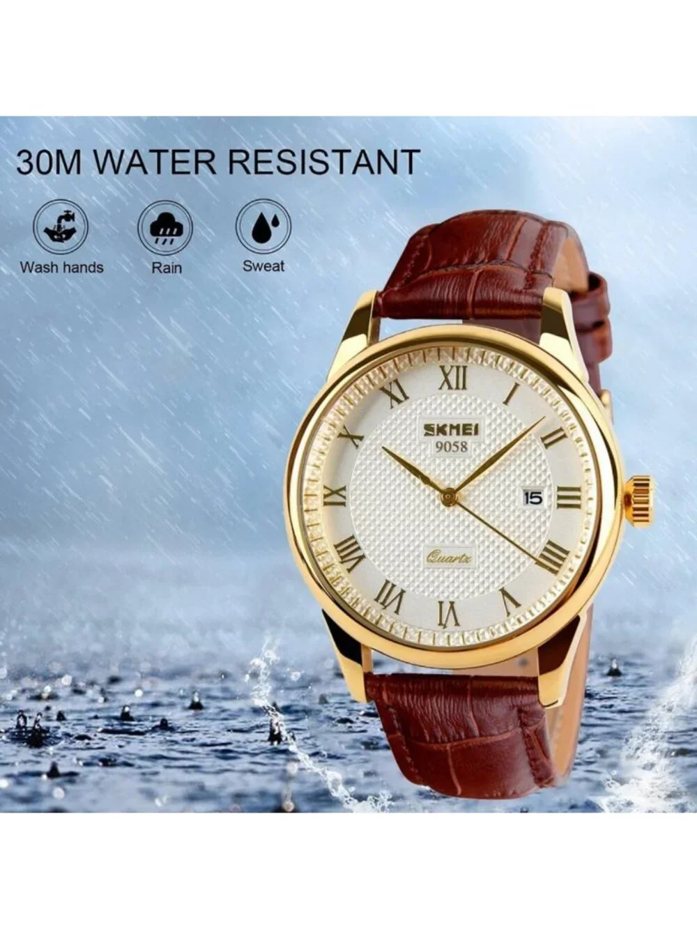 Stylish Men's Quartz Analog Watch with Roman Numerals, Leather Band, Water